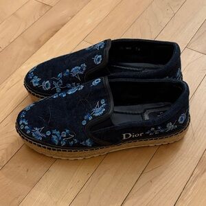 Dior Navy Embroidered Floral Slip-On Shoes